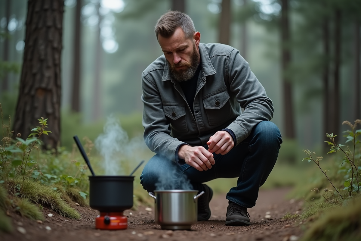 Homme en camping faisant bouillir de l