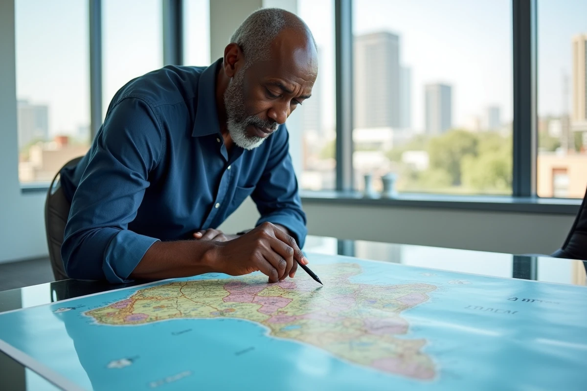 Homme d'affaires sénégalais pointant le port de Dakar sur une carte du Sénégal en réunion