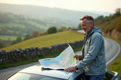 Homme d'âge moyen regardant une carte routière sur sa voiture