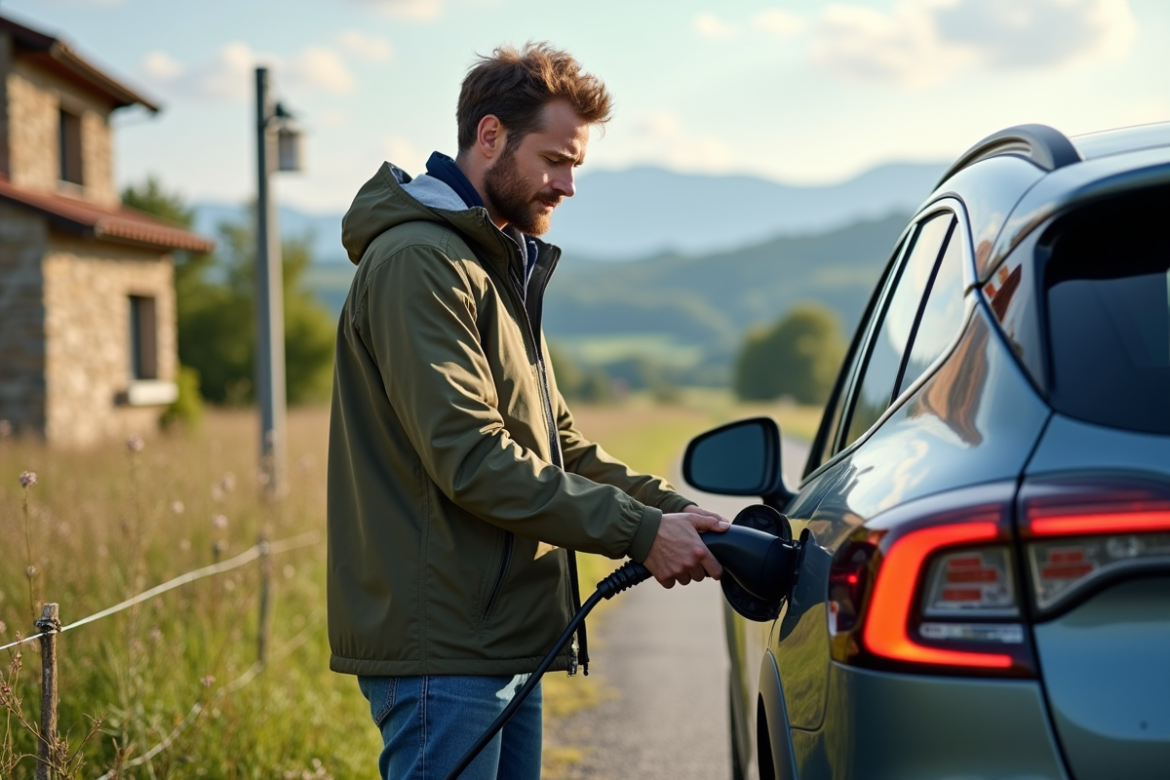 Homme connectant une voiture électrique dans un paysage rural