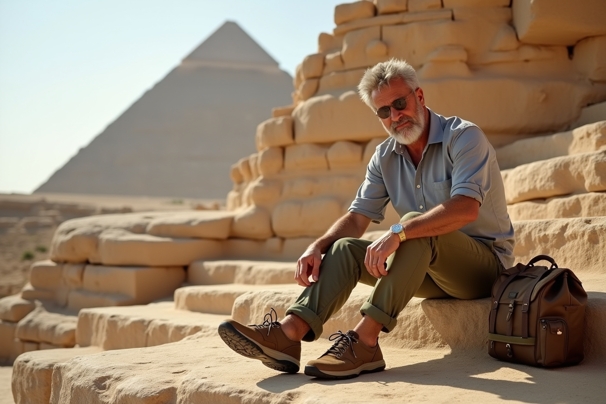 Homme attachant ses chaussures près d une pyramide en Égypte
