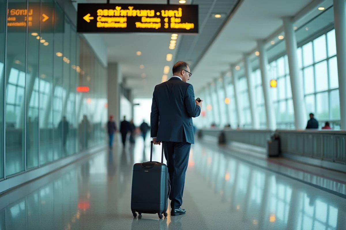 Homme vérifiant son téléphone dans le terminal de Bangkok