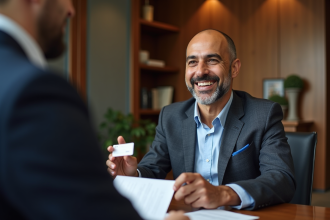 Homme maghrebin souriant avec carte consulaire dans un bureau moderne