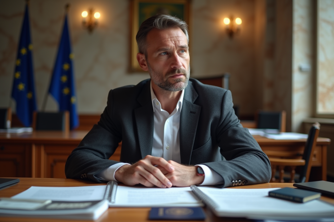 Homme d'affaires en bureau officiel avec documents et passeport