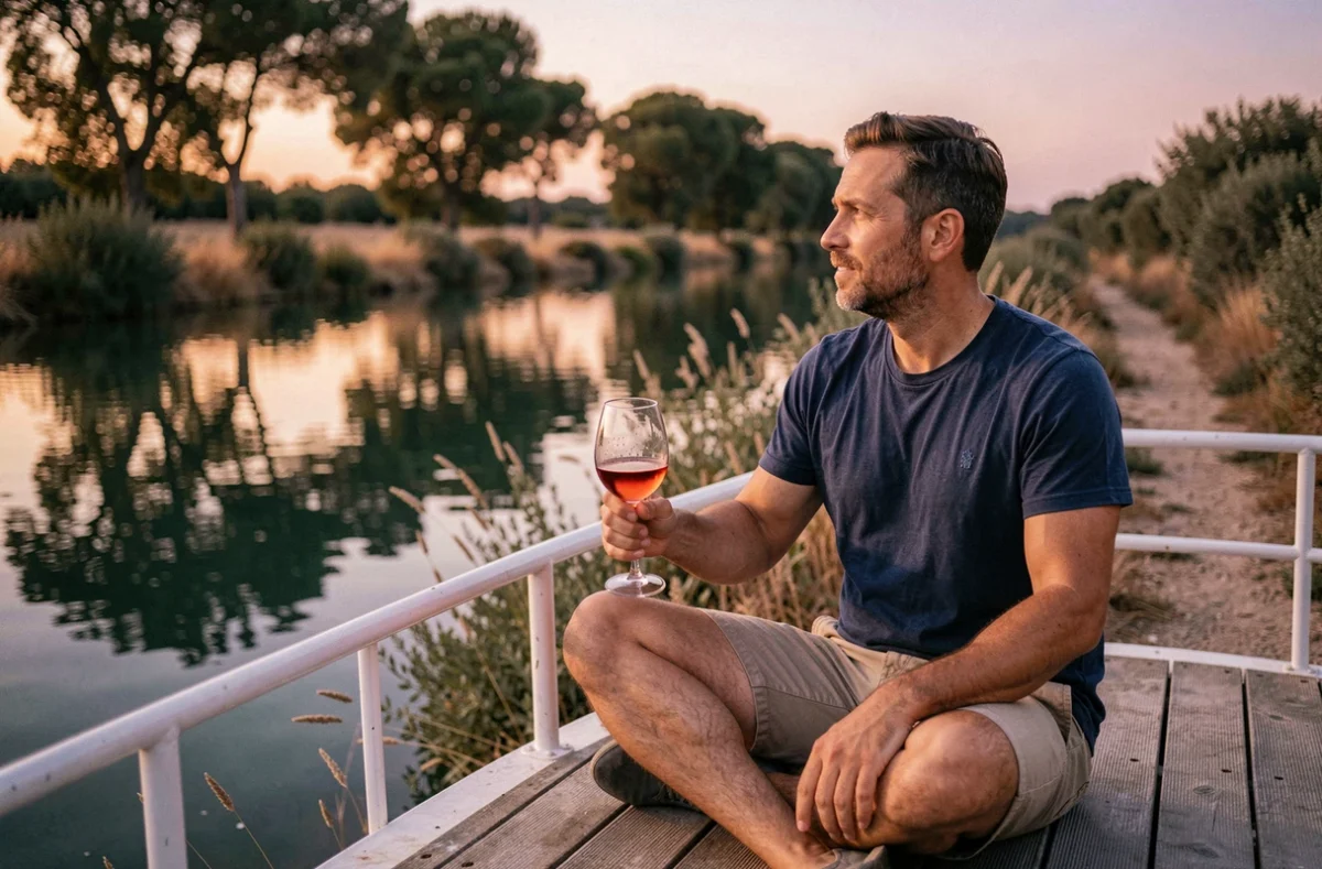 Homme se relaxant sur le pont arrière d'une péniche au coucher du soleil sur le Canal du Midi