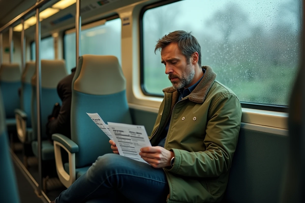 Homme comparant des documents tarifaires Navigo dans un train de banlieue parisienne