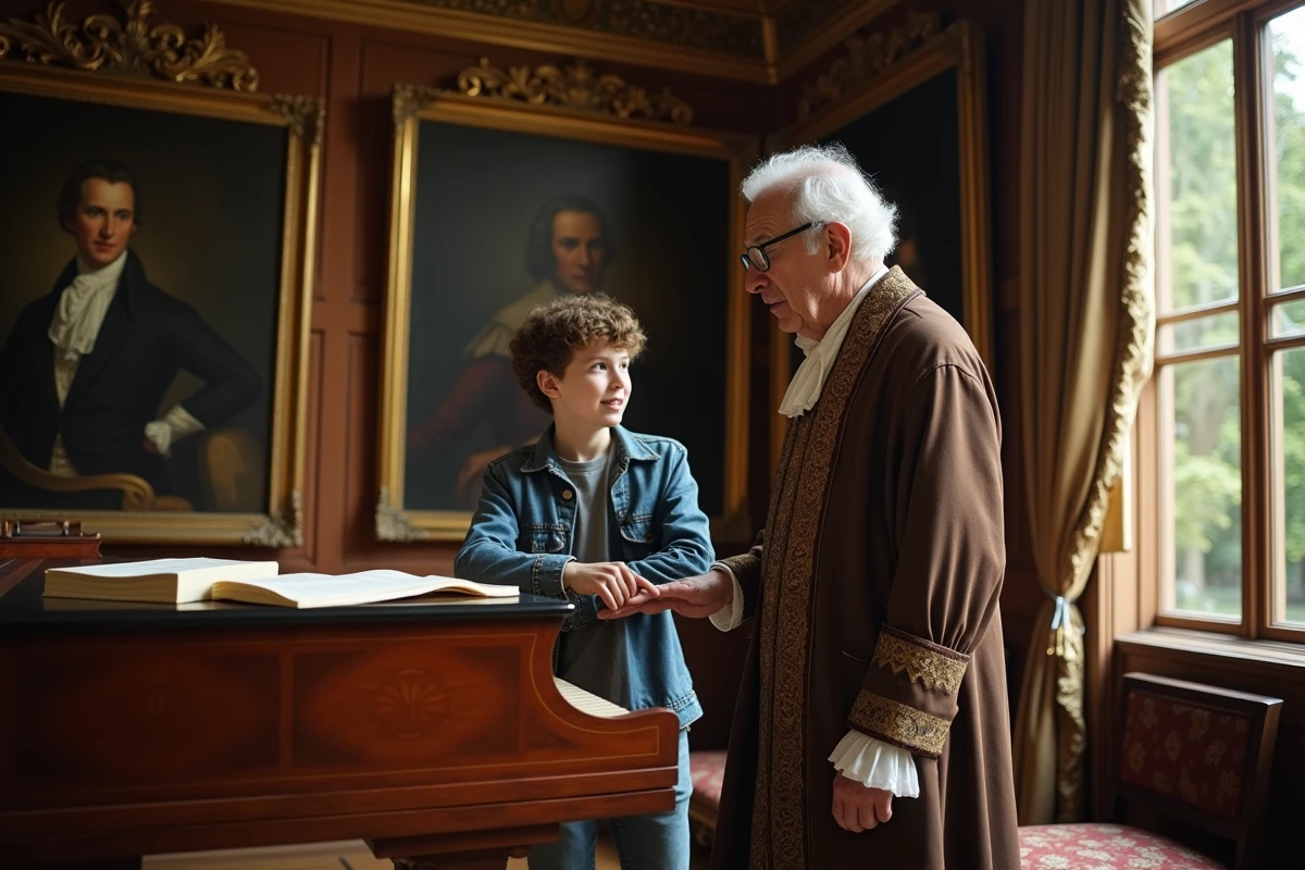 Homme en costume baroque avec un adolescent au harpsichord
