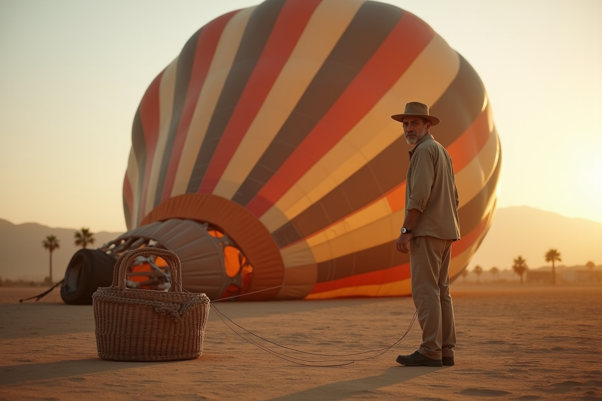 Homme tunisien gonflant un grand ballon dans un champ au lever du soleil