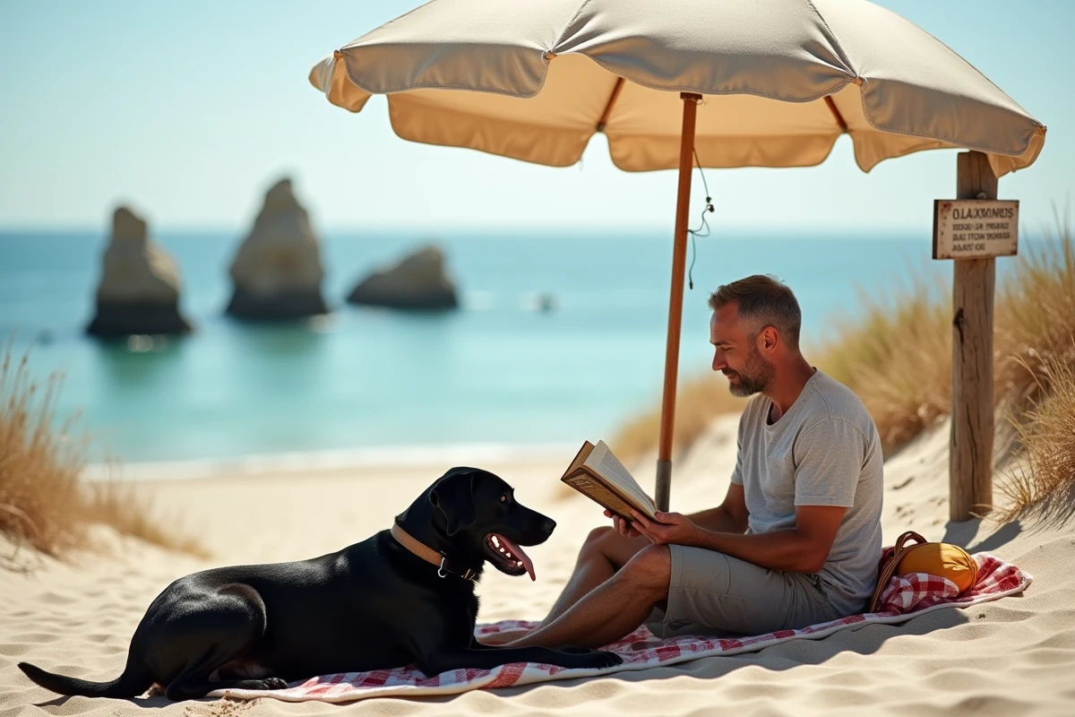 Homme et son labrador noir se reposant sur la plage avec vue sur les trois pointes rocheuses caractéristiques du site
