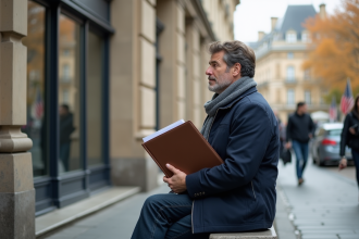 Homme méditerranéen assis devant mairie avec documents