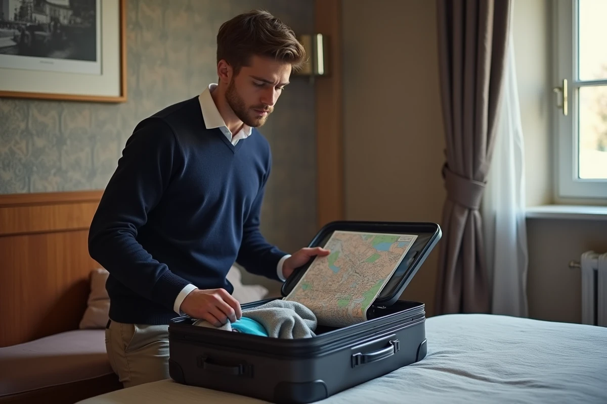 Homme préparant sa valise dans une chambre d