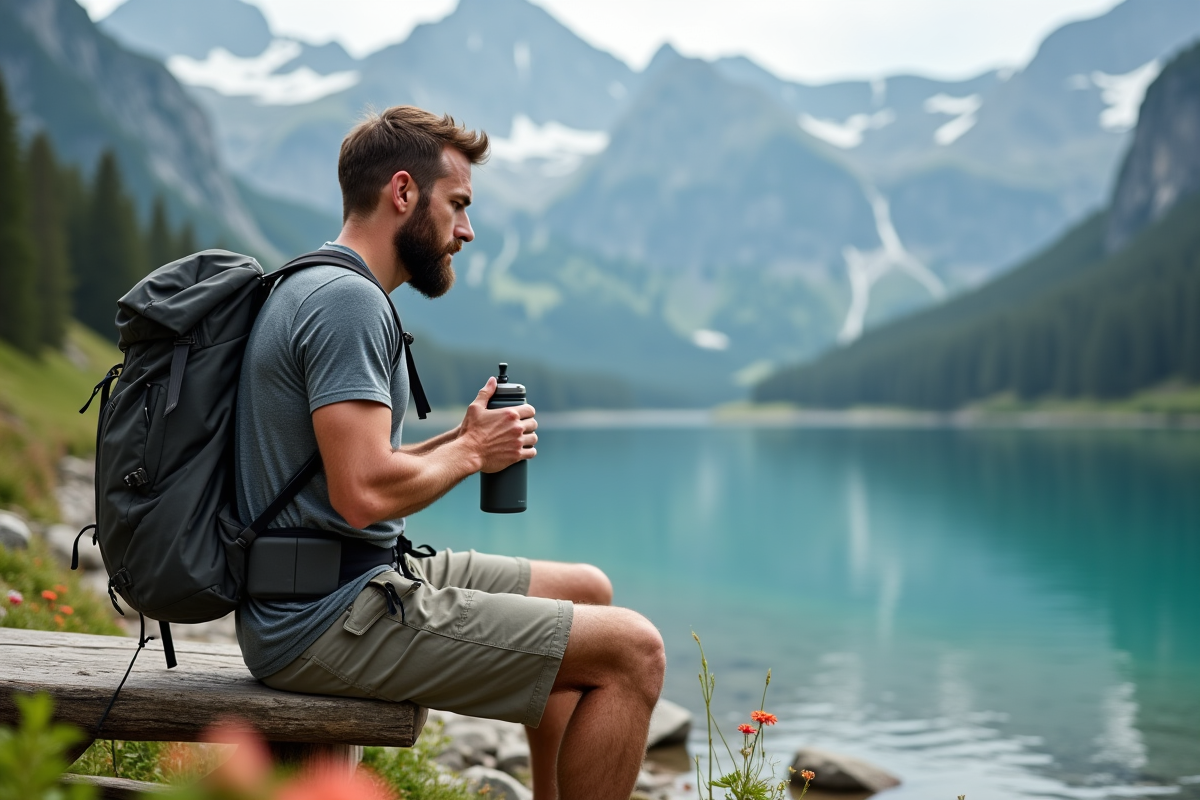 Homme avec sac à dos près d’un lac alpin en montagne