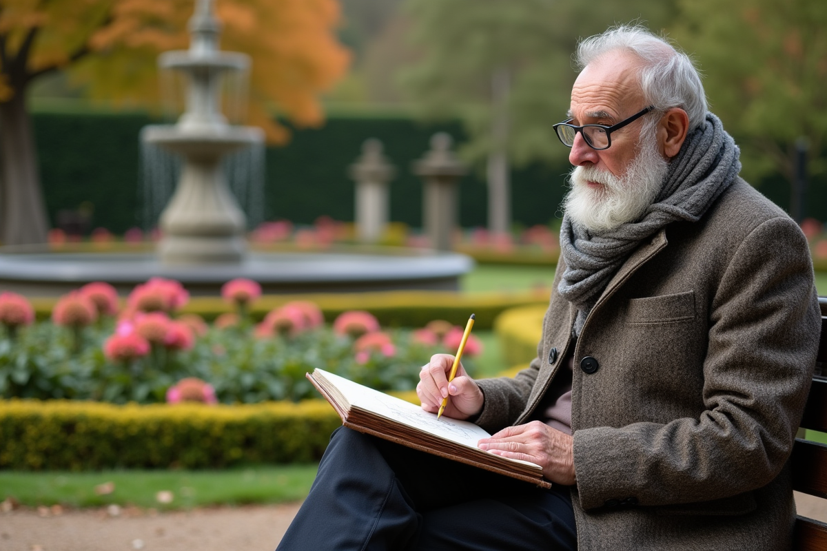 Homme âgé dessinant dans un jardin élégant du parc