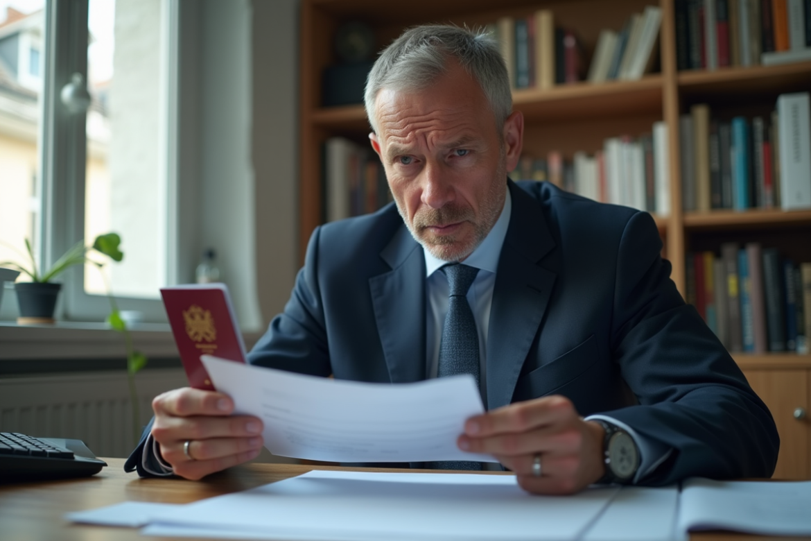 Homme d'âge moyen en costume regardant un passeport