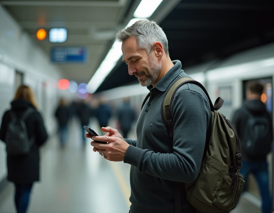 Homme sur un quai de métro utilisant une application de planification de trajet Mamppy pour voyager sereinement en transports en commun