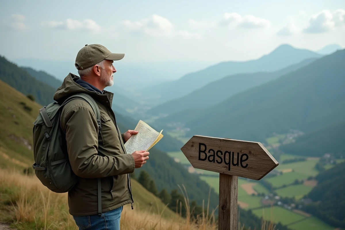 Homme en randonnée regardant les collines vertes