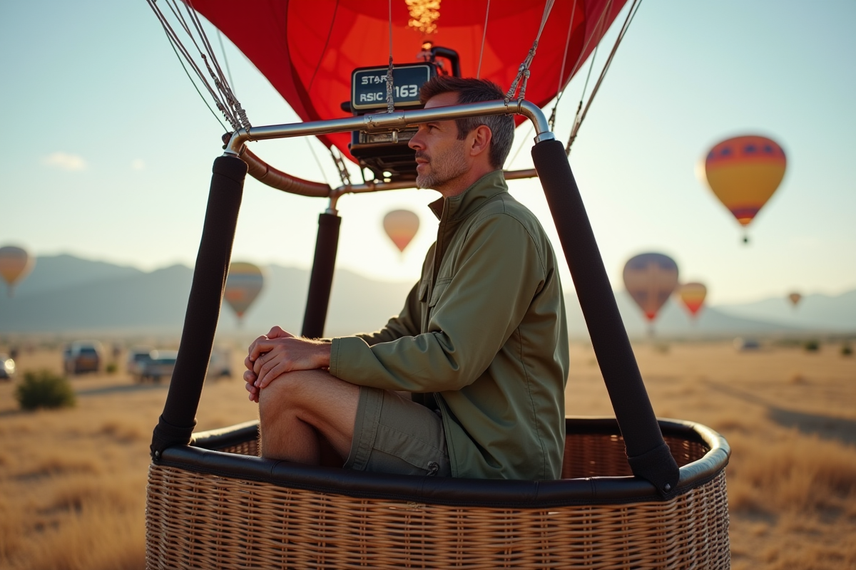 Homme détendu en shorts cargo et veste légère avant un envol en montgolfière