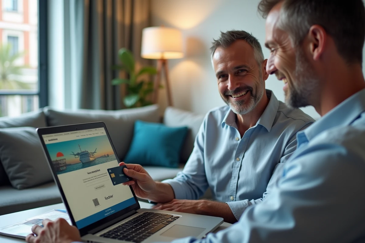 Homme saisissant le code d'une carte cadeau voyage Selectour sur un site de réservation en ligne depuis son canapé
