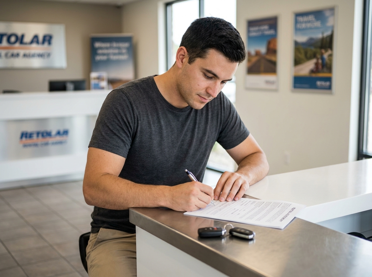 Homme signant un contrat de location de voiture à un comptoir d'agence de location
