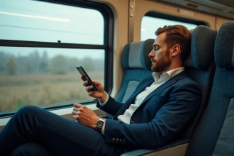 Homme en train dans un train utilisant une application de voyage