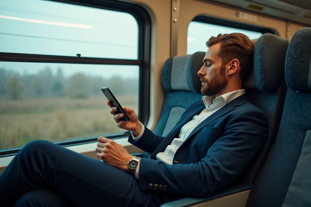 Homme en train dans un train utilisant une application de voyage