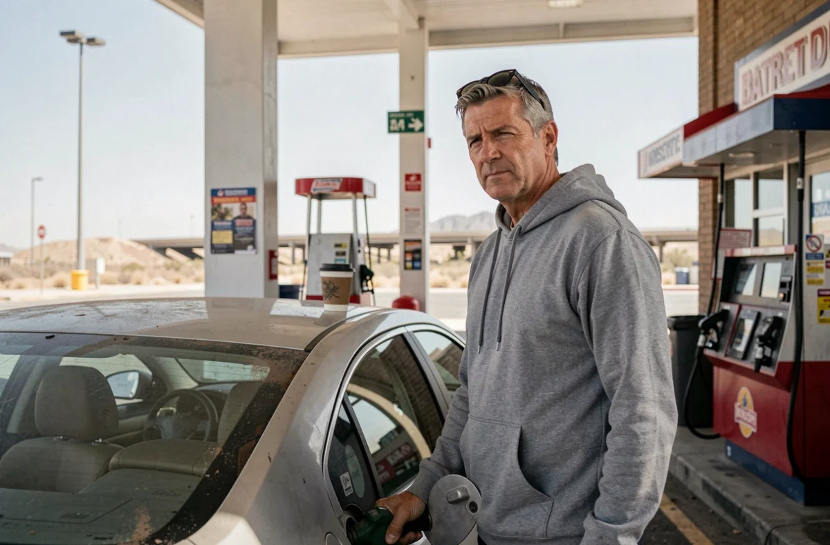Homme faisant le plein à une station-service de Barstow lors d'un trajet Las Vegas Los Angeles, expression fatiguée mais sereine