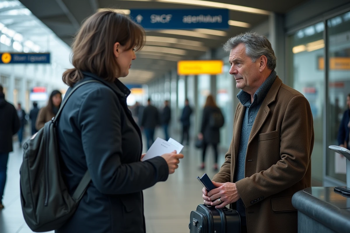 Homme avec valise au comptoir d information sncf dans la gare