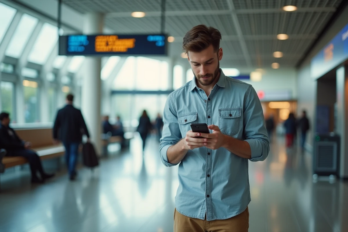 Homme vérifiant des offres de voyage sur son smartphone dans une gare