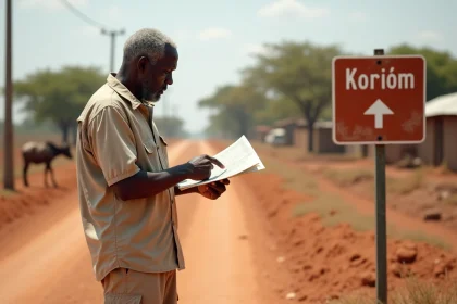 Homme sud-soudanais regardant une carte près du village de Koriom