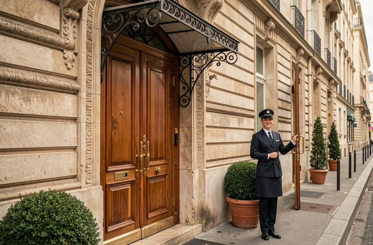 Entrée élégante d'un hôtel boutique près de la Place de la République à Paris avec un concierge en uniforme