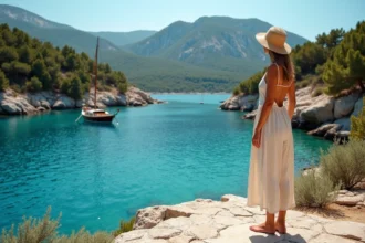 Femme en robe de lin sur un ponton en pierre face aux eaux turquoise d'une île croate entourée de forêts de pins méditerranéens