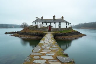 Vue panoramique de l'îlot de Saint-Cado en Bretagne, relié au continent par une chaussée en pierre au-dessus des eaux de la rivière d'Étel