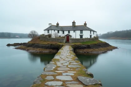 Vue panoramique de l'îlot de Saint-Cado en Bretagne, relié au continent par une chaussée en pierre au-dessus des eaux de la rivière d'Étel