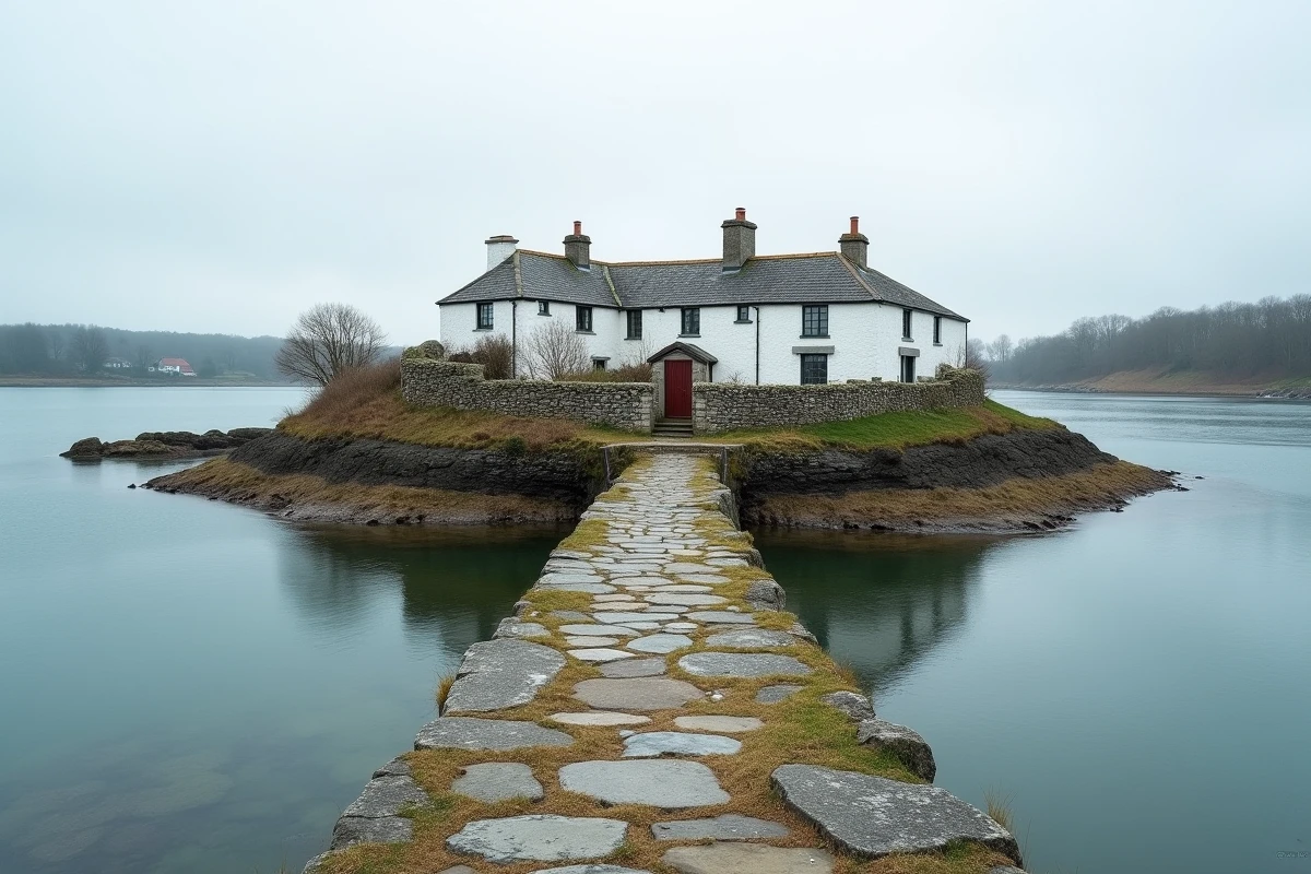 Vue panoramique de l'îlot de Saint-Cado en Bretagne, relié au continent par une chaussée en pierre au-dessus des eaux de la rivière d'Étel
