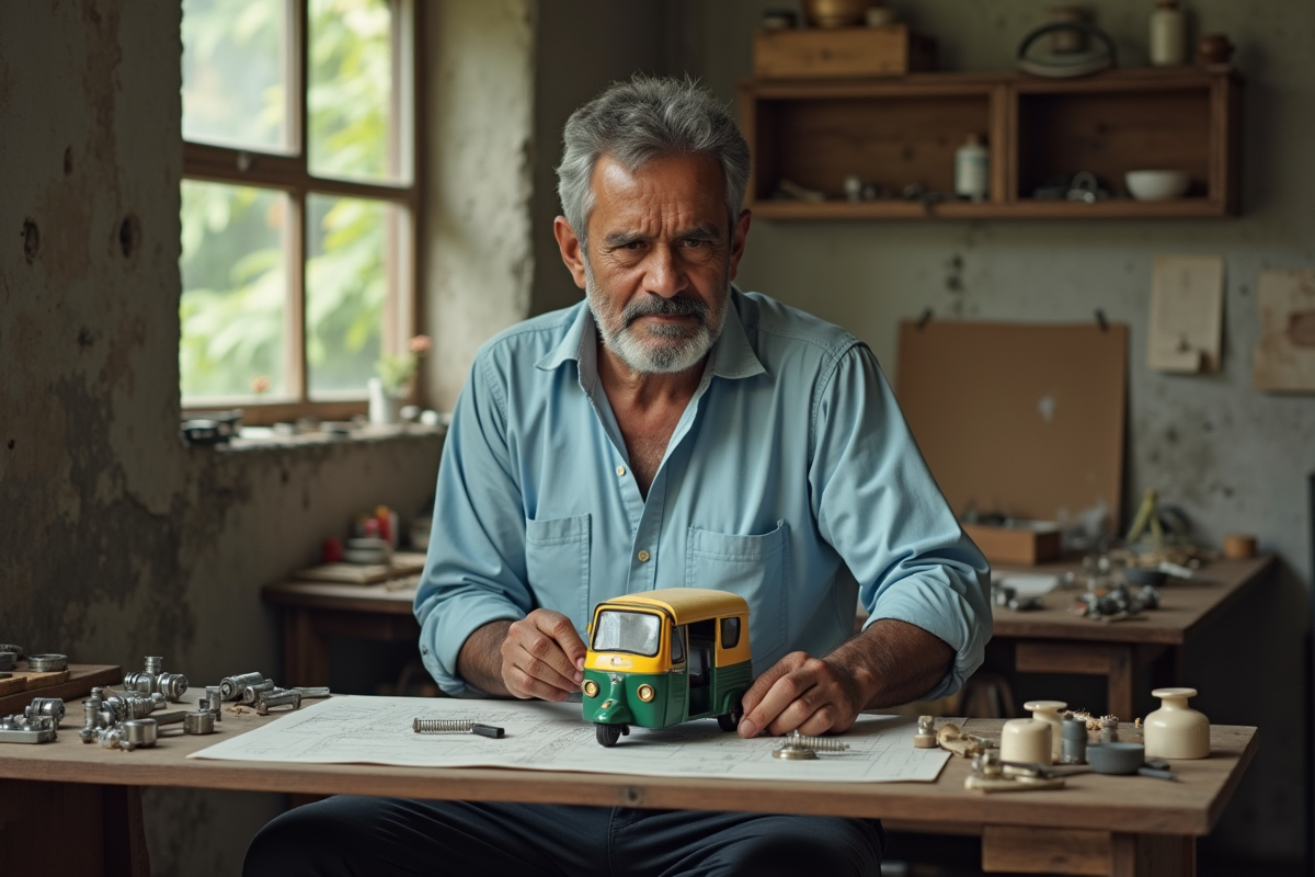 Ingénieur indien assemble un modèle de tuk tuk