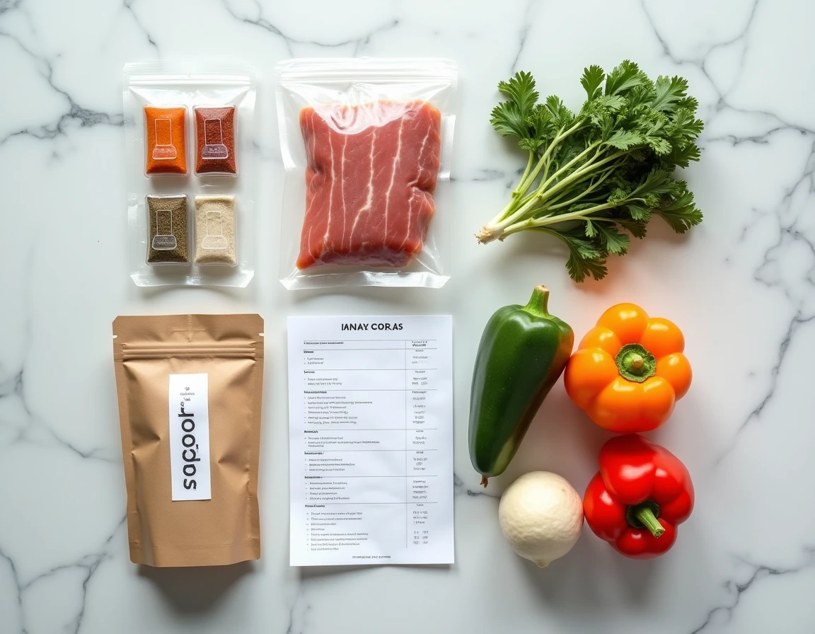 Vue de dessus des ingrédients portionnés et du livret de recettes d'une box repas avec détail du budget