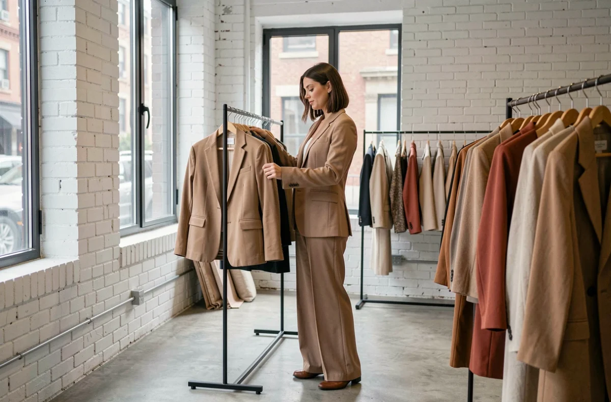 Intérieur d'une boutique tendance de SoHo New York avec murs en brique blanche, sol en béton poli et vendeuse arrangeant un présentoir de vêtements designer