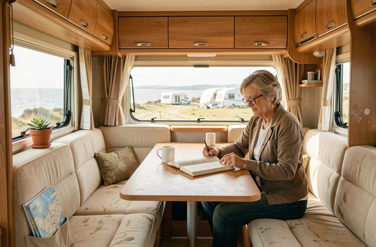 Intérieur d'un camping-car Hymer habité avec une femme lisant son carnet de voyage à la dinette