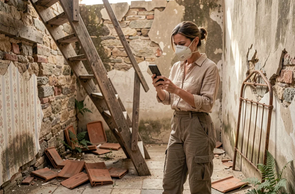 Femme adulte photographiant un escalier effondré à l'intérieur d'une ferme abandonnée en France, atmosphère de délabrement et de prudence