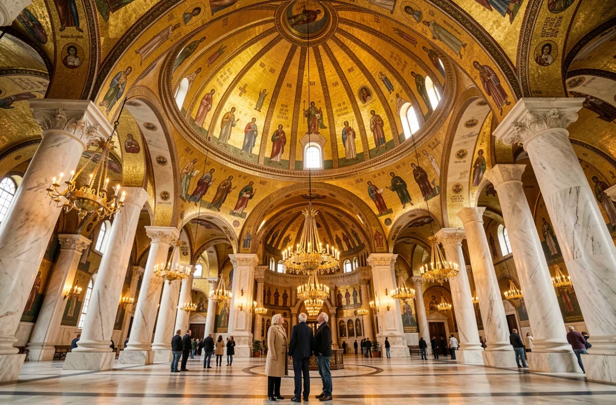 Intérieur grandiose du temple Saint-Sava à Belgrade avec ses mosaïques dorées byzantines au plafond et ses visiteurs contemplant la nef centrale