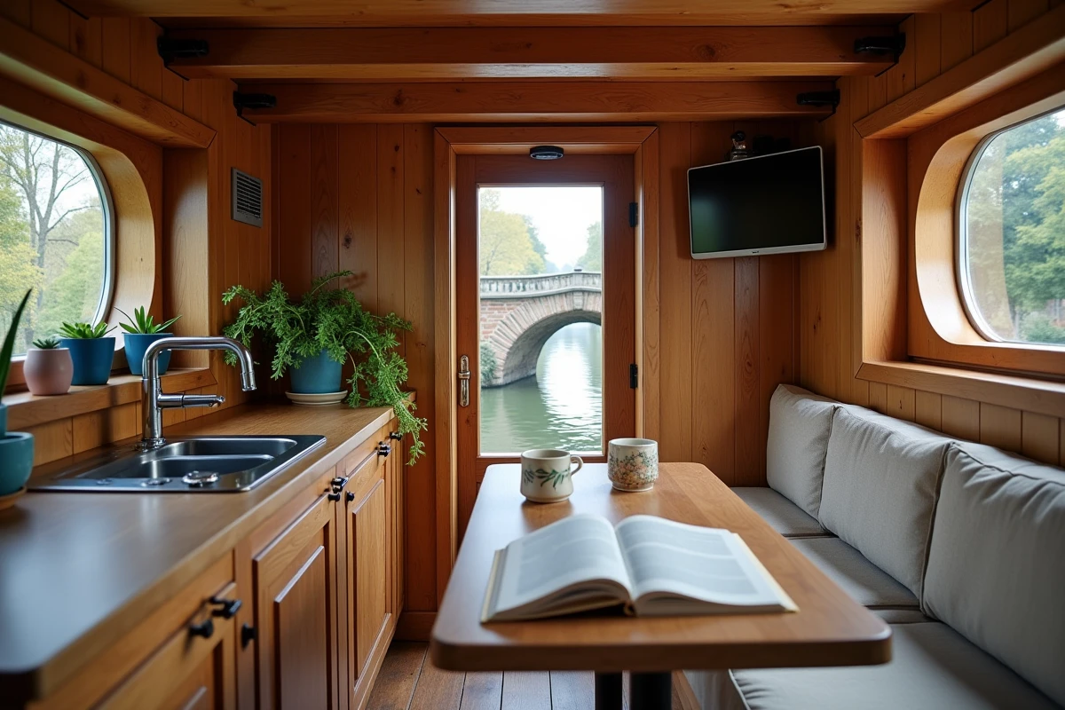 Intérieur cosy et rénové d'une péniche sur les canaux de Toulouse avec mobilier en bois et hublot donnant sur l'eau