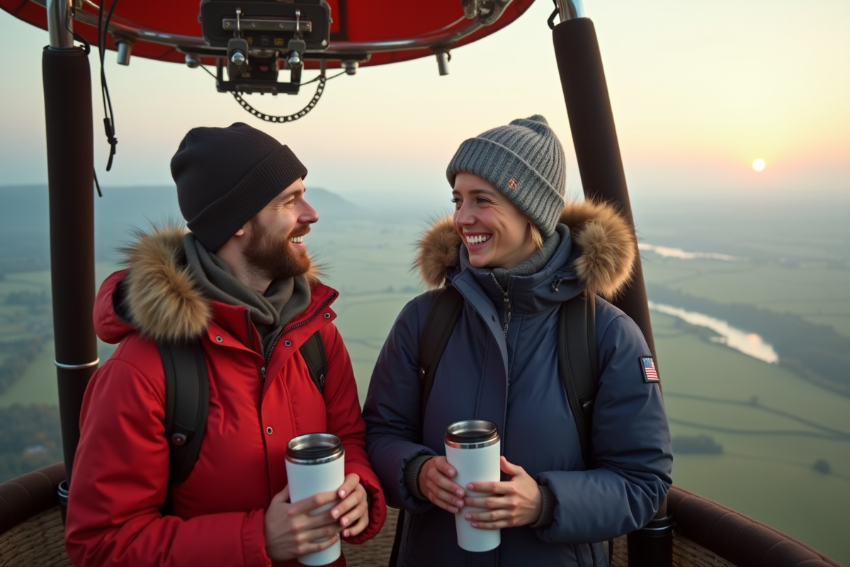 Jeune couple dans une nacelle de montgolfière partageant un moment