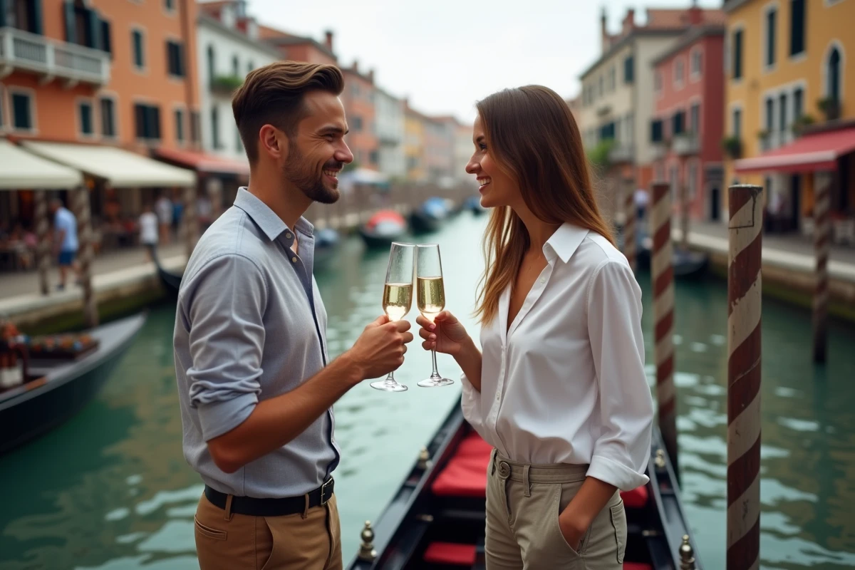 Jeune couple trinquant avec prosecco au bord d une gondola à Venise