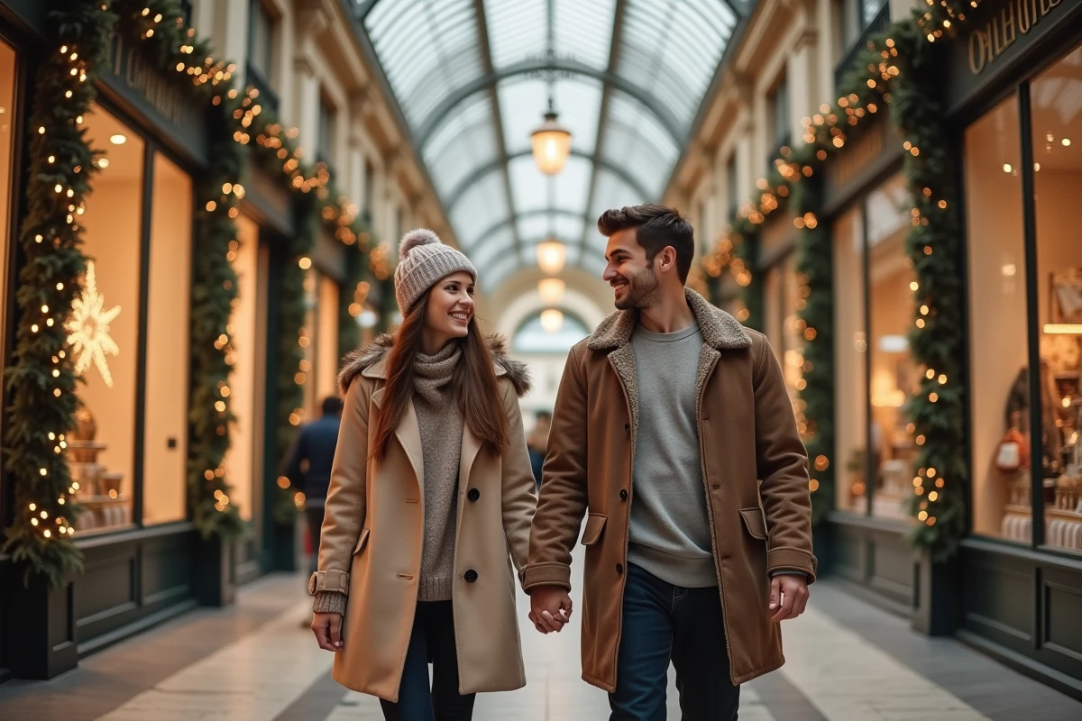 Jeune couple marchant dans la galerie historique de Paris