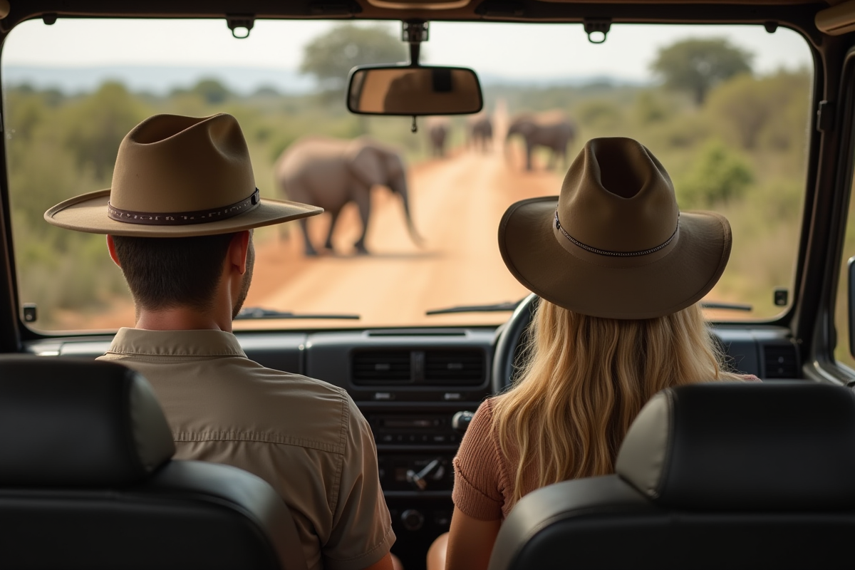 Jeune couple observant des elephants dans le parc Kruger