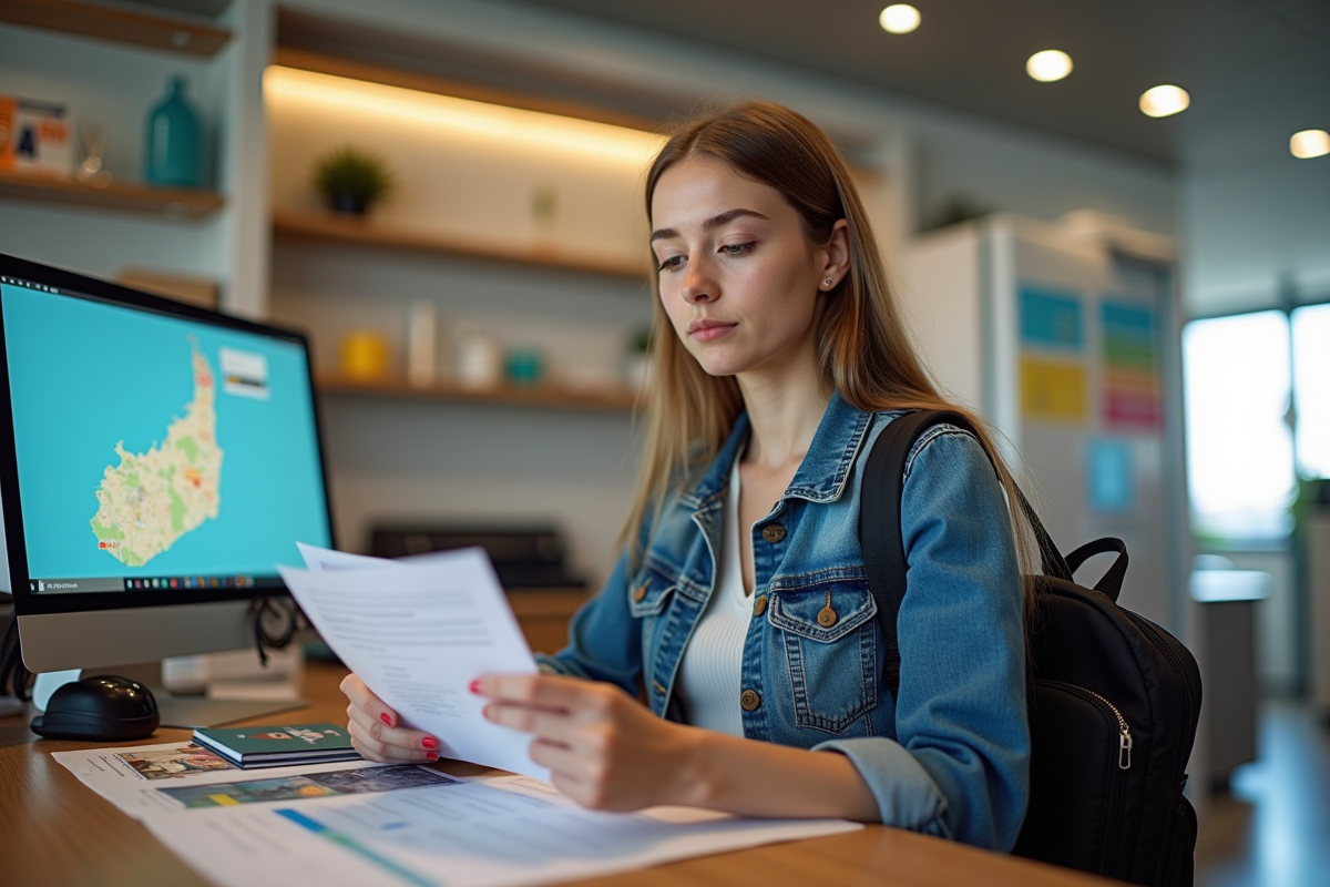 Jeune femme dans une agence de voyage avec papiers et carte