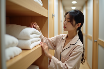 Jeune femme asiatique dans un capsule hotel range un serviette
