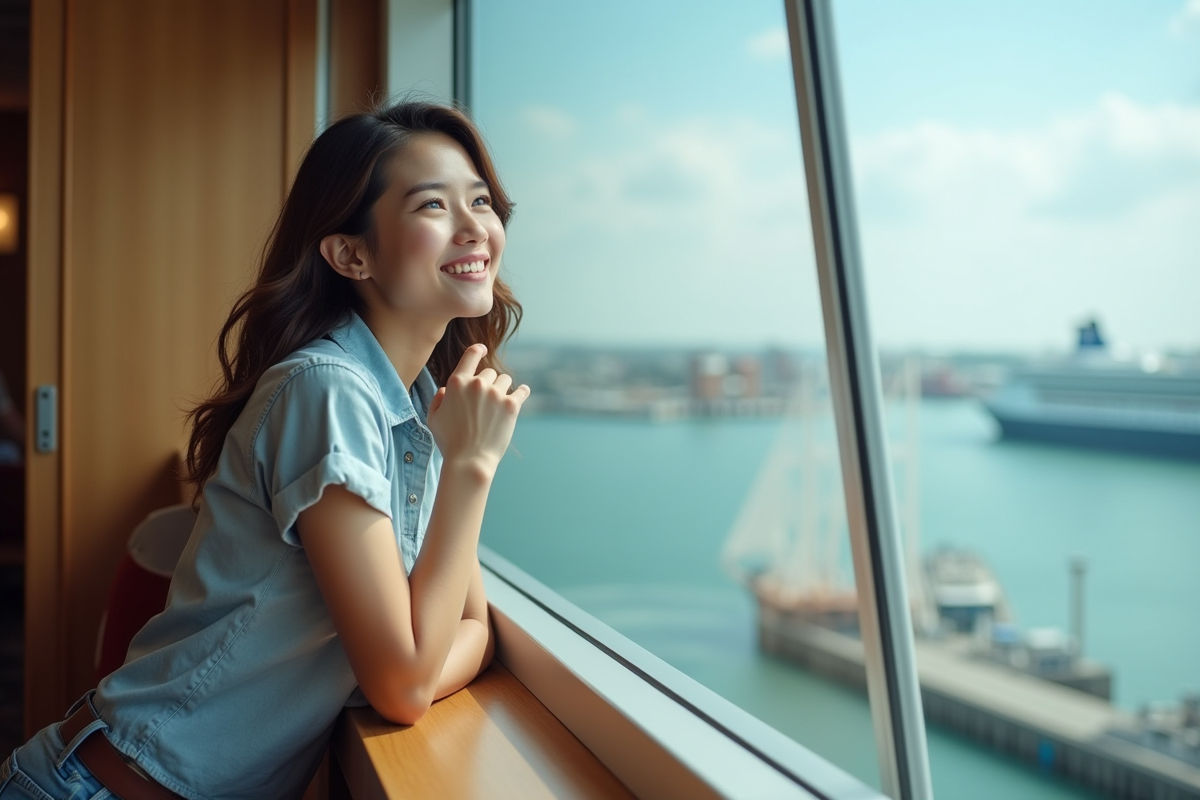 Jeune femme regardant par la fenetre d