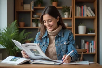 Jeune femme lisant un magazine dans un appartement moderne