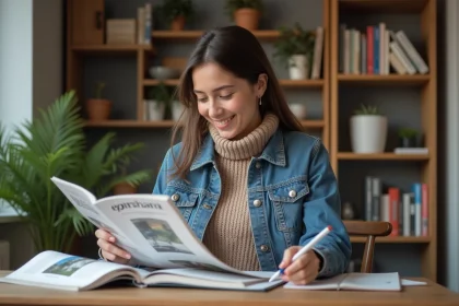 Jeune femme lisant un magazine dans un appartement moderne